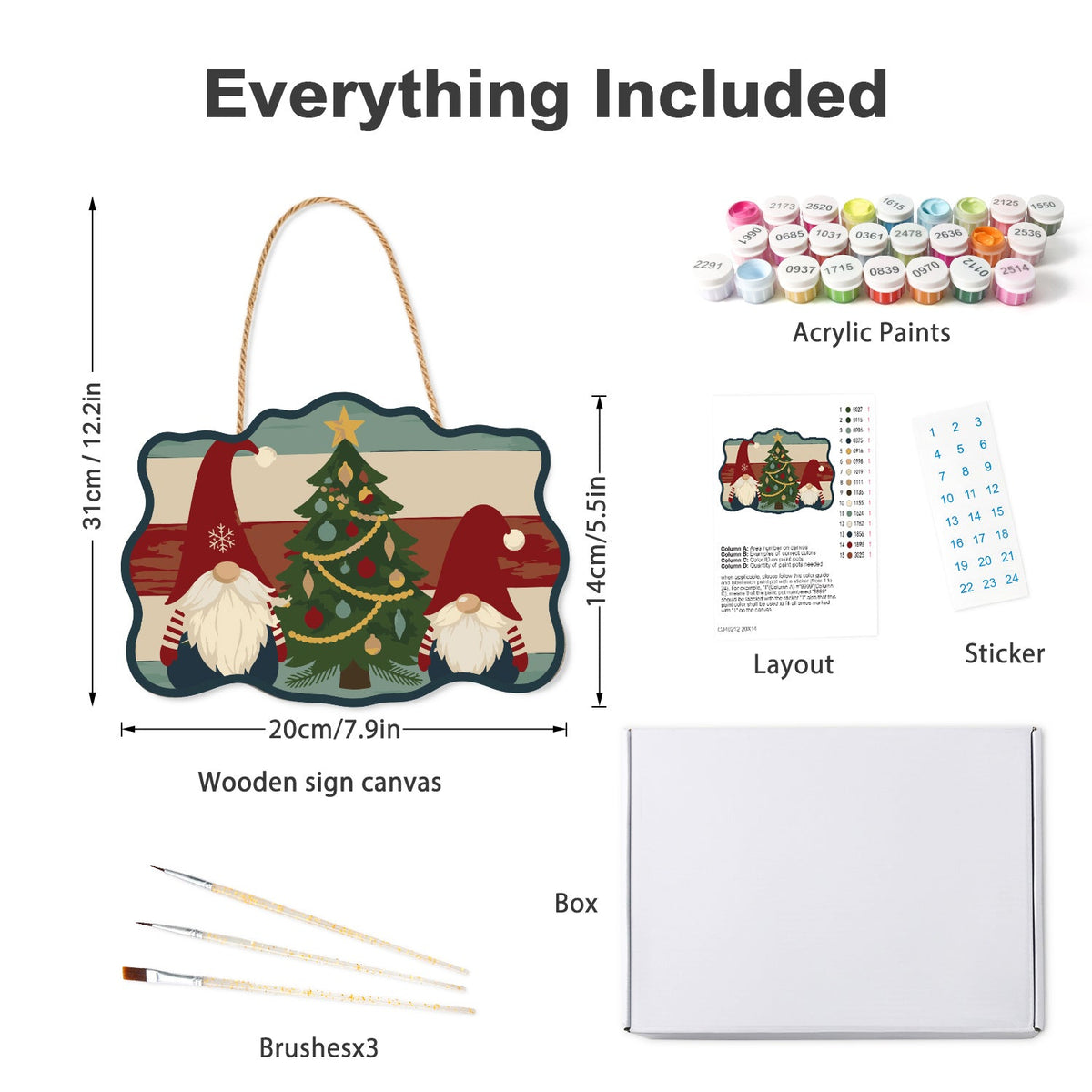 Wooden hanger kit with acrylic paints, three brushes, reference layout, stickers and box