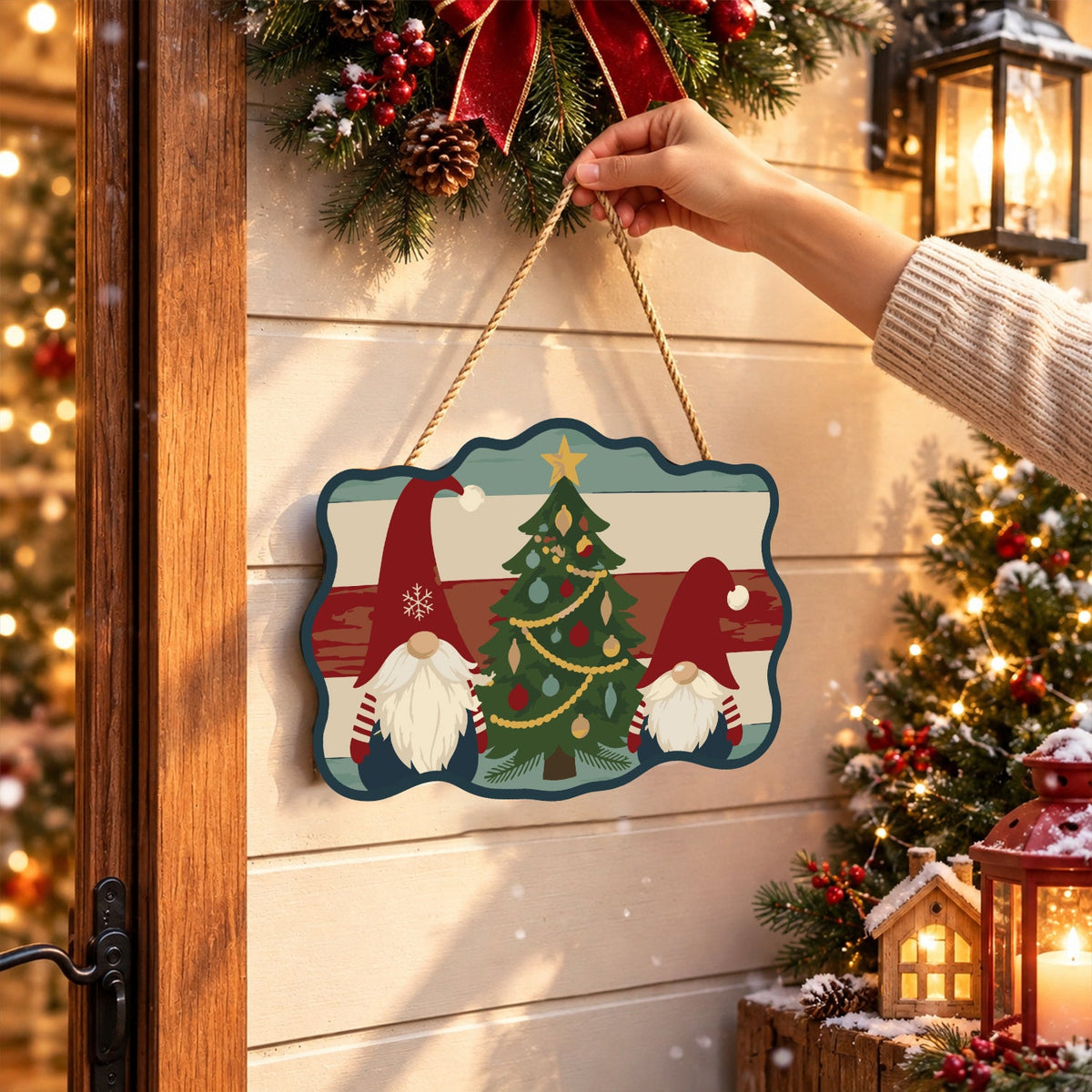 Completed wooden sign hanging by its cord indoors