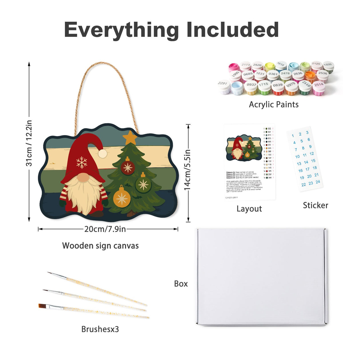 Wooden hanger kit with acrylic paints, three brushes, reference layout, stickers and box