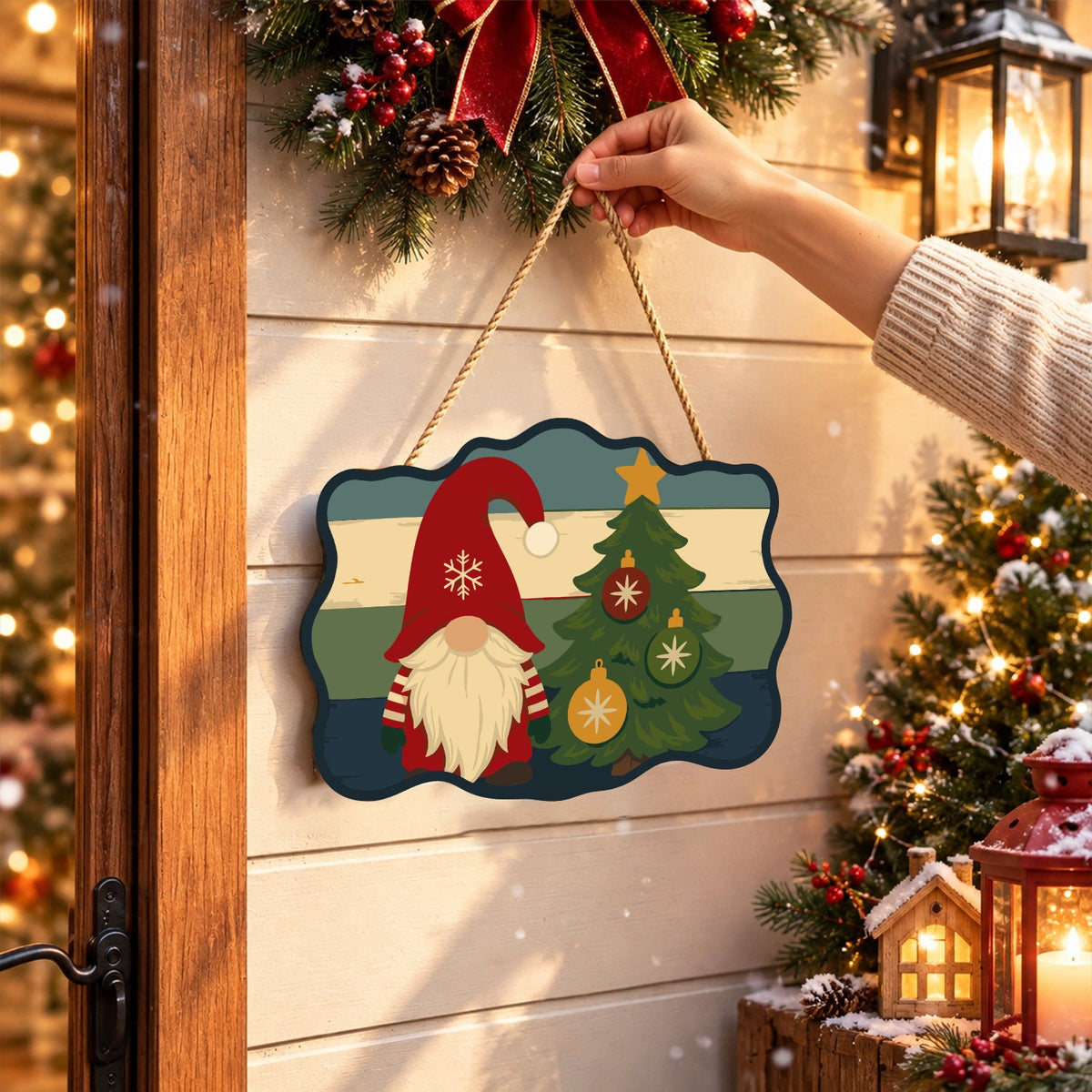 Completed wooden sign hanging by its cord indoors