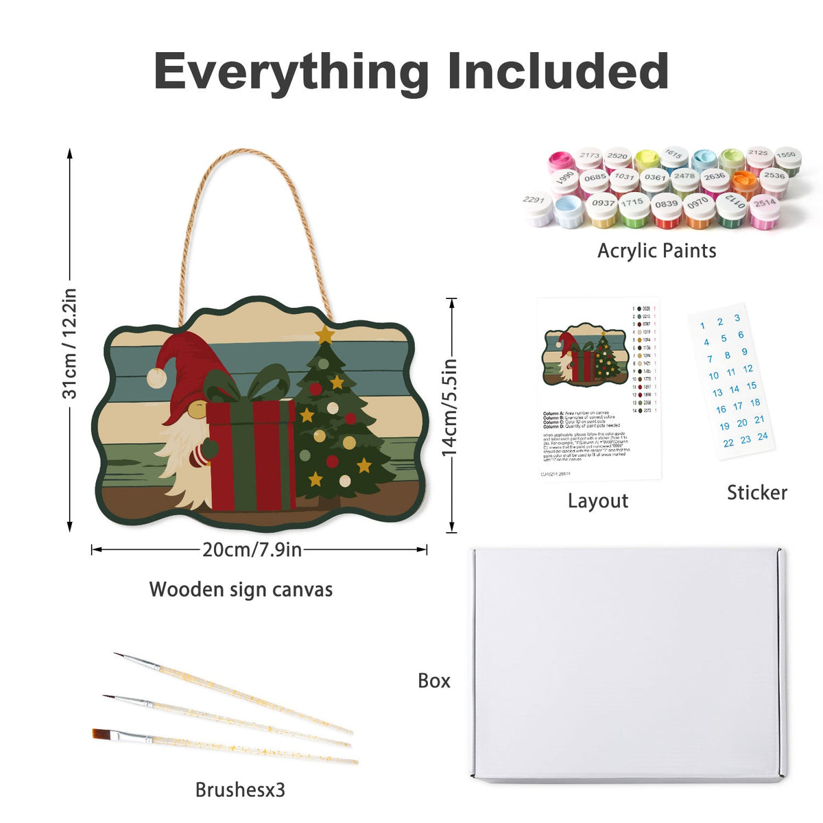 Wooden hanger kit with acrylic paints, three brushes, reference layout, stickers and box