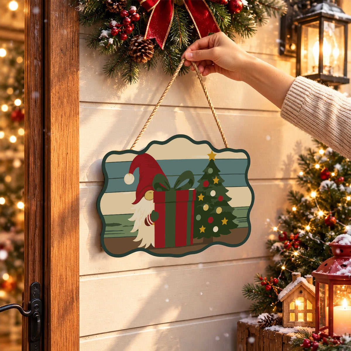 Completed wooden sign hanging by its cord indoors