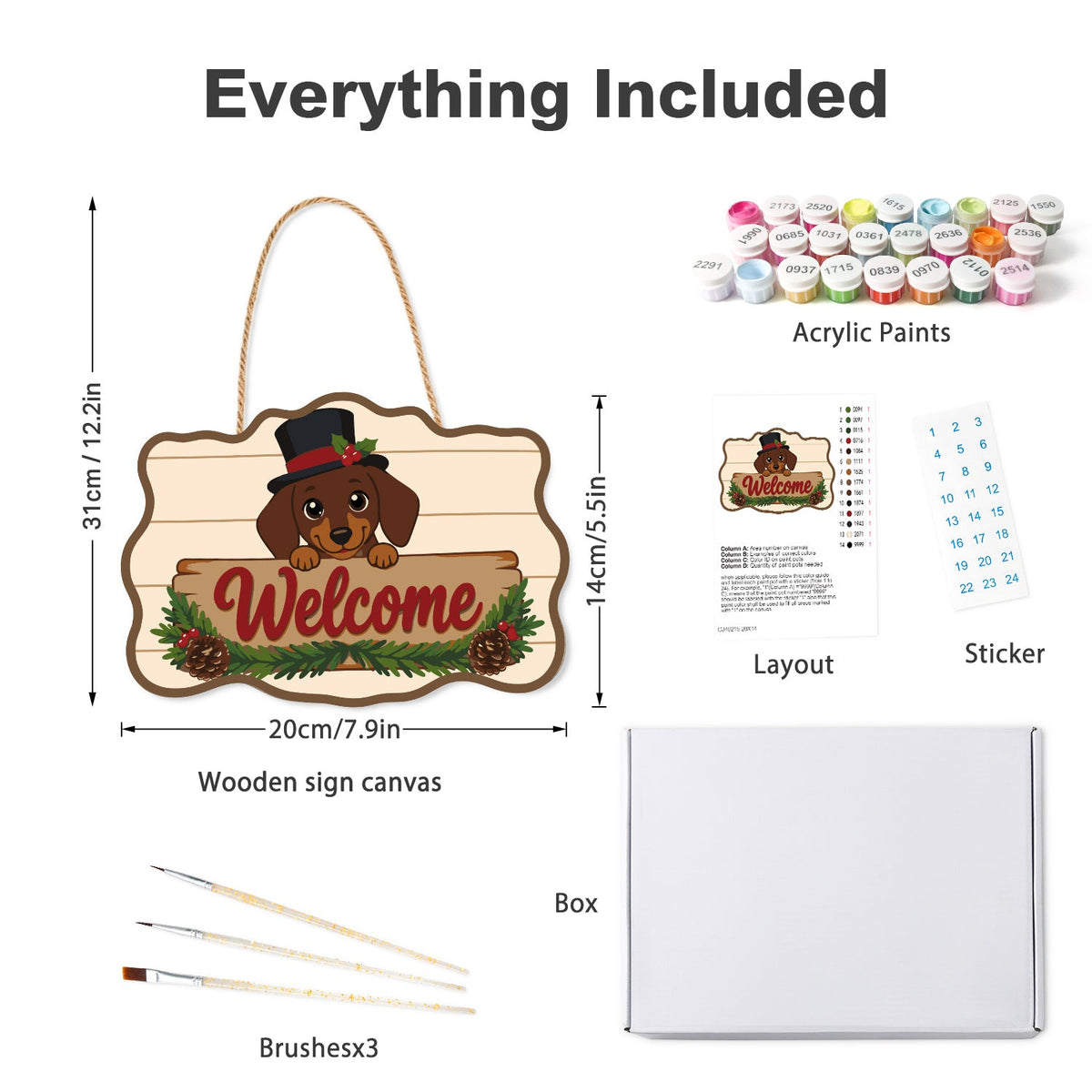 Wooden hanger kit with acrylic paints, three brushes, reference layout, stickers and box