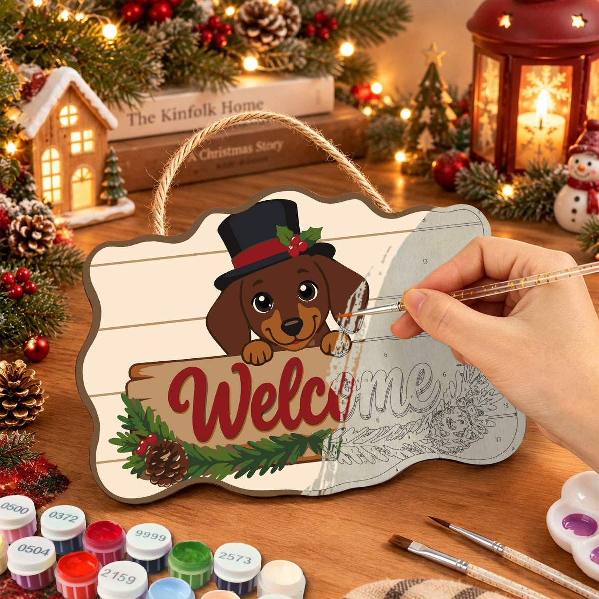 Painting the wooden sign at a festive table
