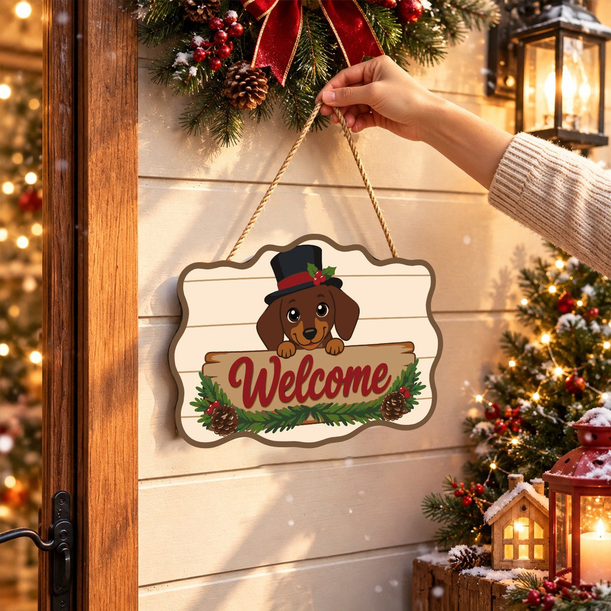 Completed wooden sign hanging by its cord indoors