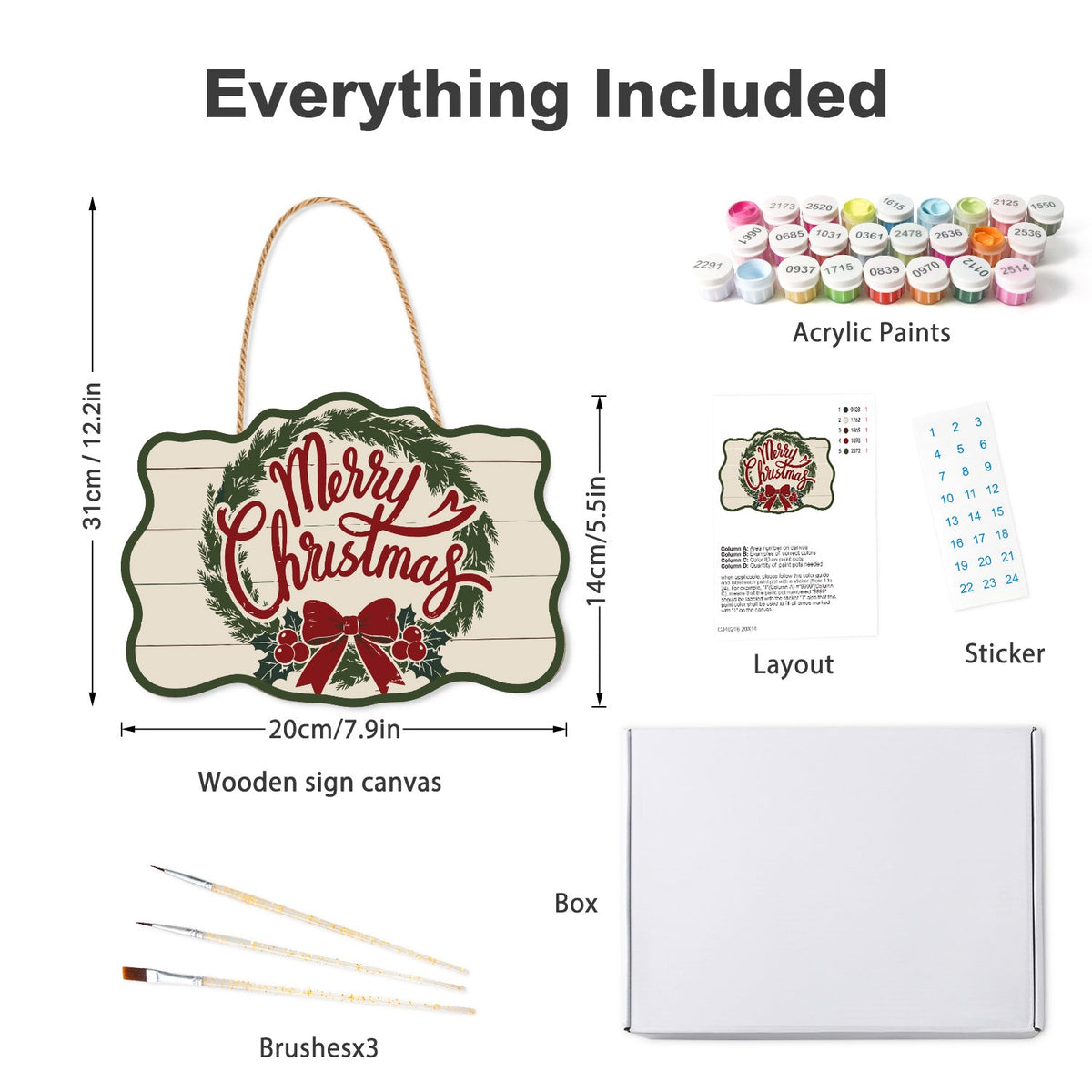 Wooden hanger kit with acrylic paints, three brushes, reference layout, stickers and box