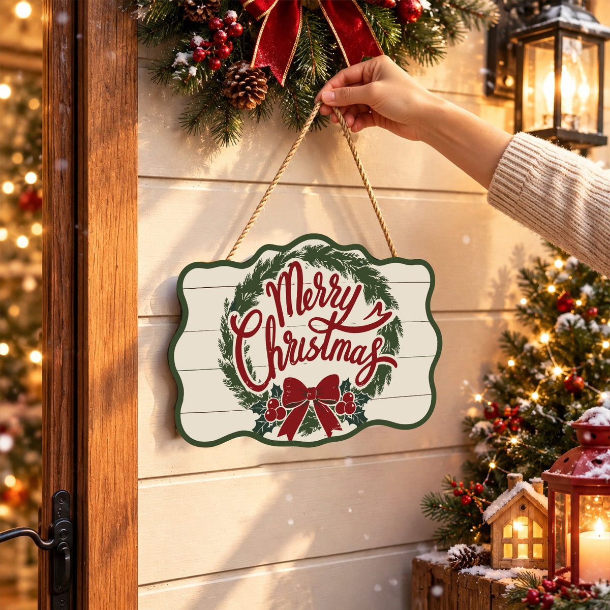 Completed wooden sign hanging by its cord indoors