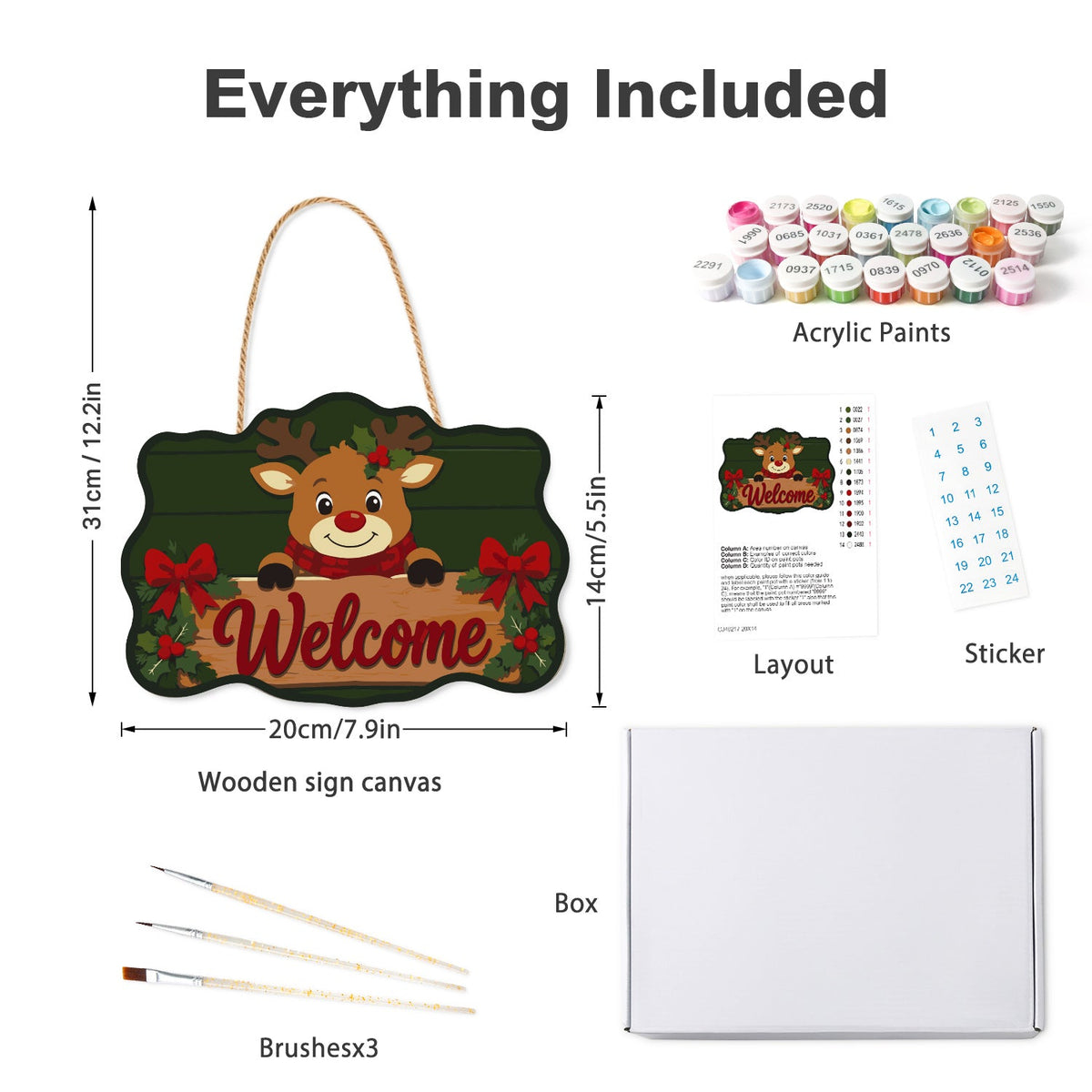 Wooden hanger kit with acrylic paints, three brushes, reference layout, stickers and box