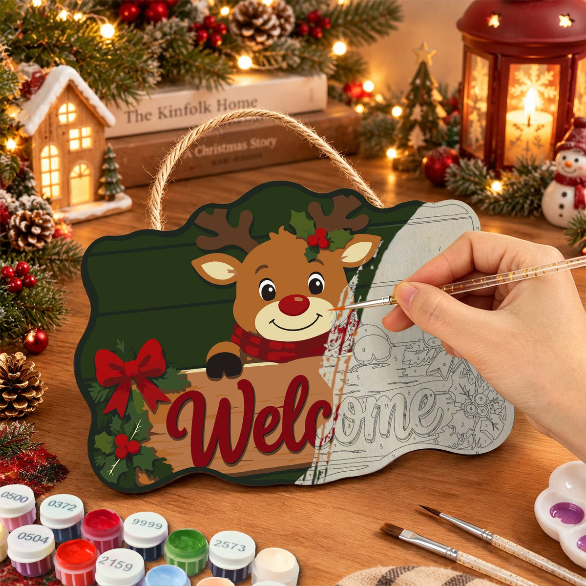 Painting the wooden sign at a festive table