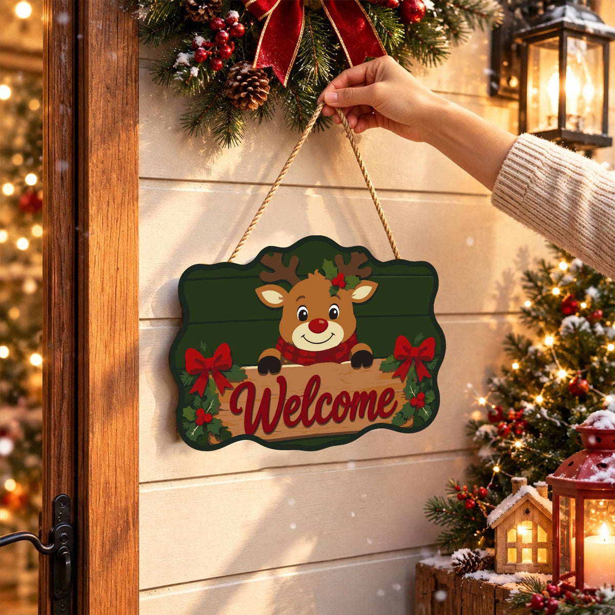 Completed wooden sign hanging by its cord indoors