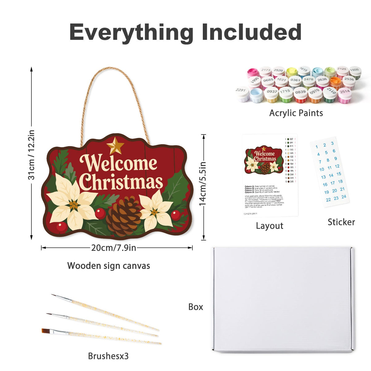 Wooden hanger kit with acrylic paints, three brushes, reference layout, stickers and box