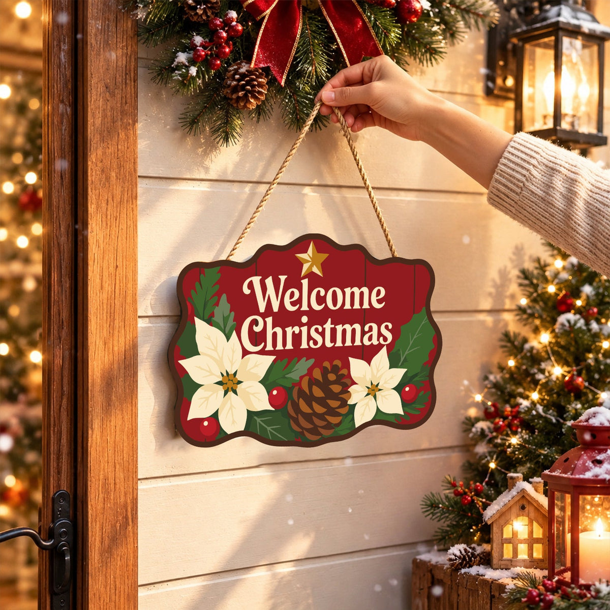 Completed wooden sign hanging by its cord indoors