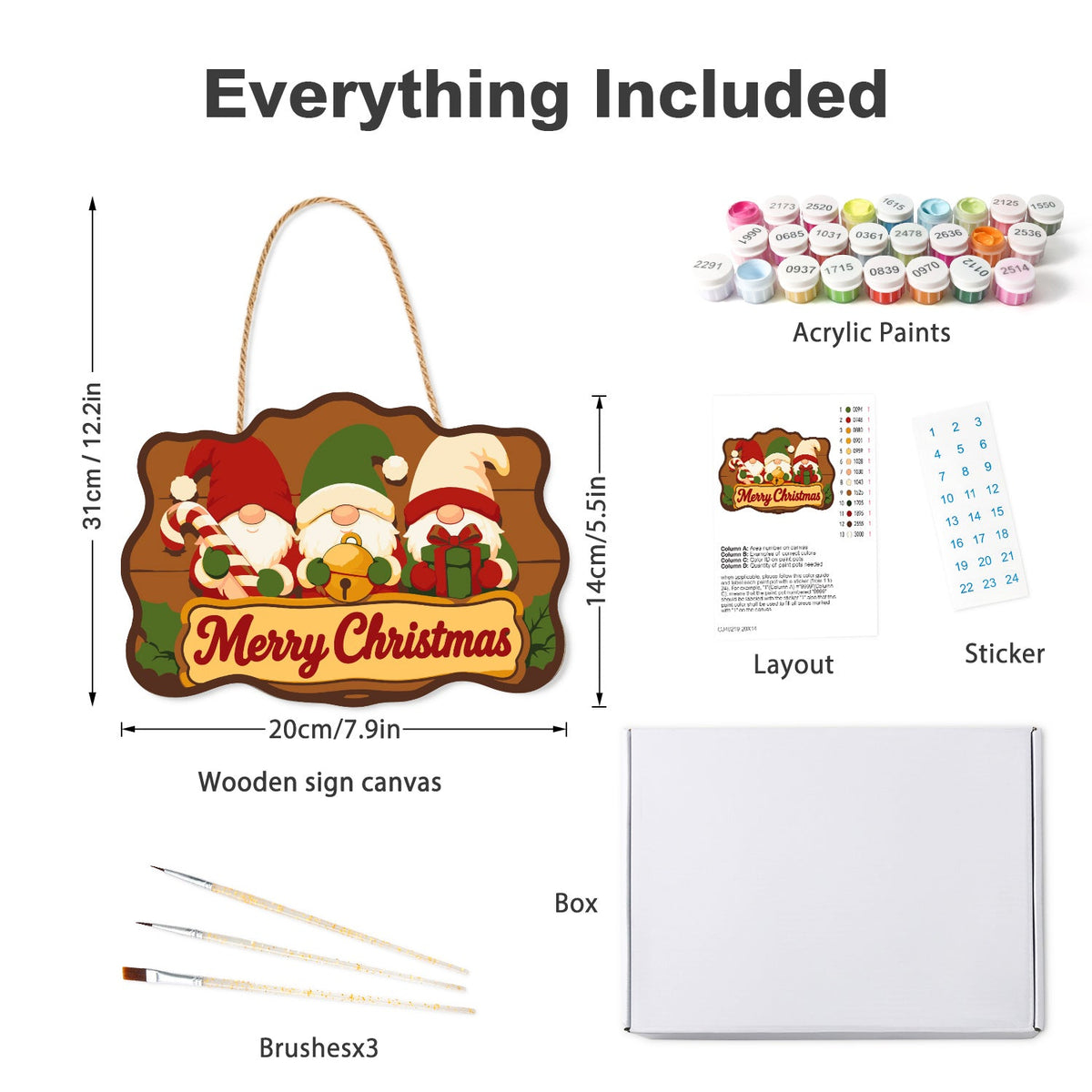 Wooden hanger kit with acrylic paints, three brushes, reference layout, stickers and box