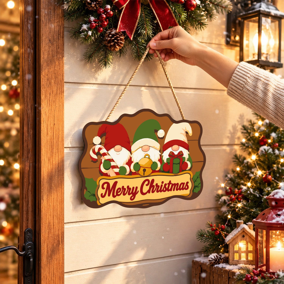 Completed wooden sign hanging by its cord indoors