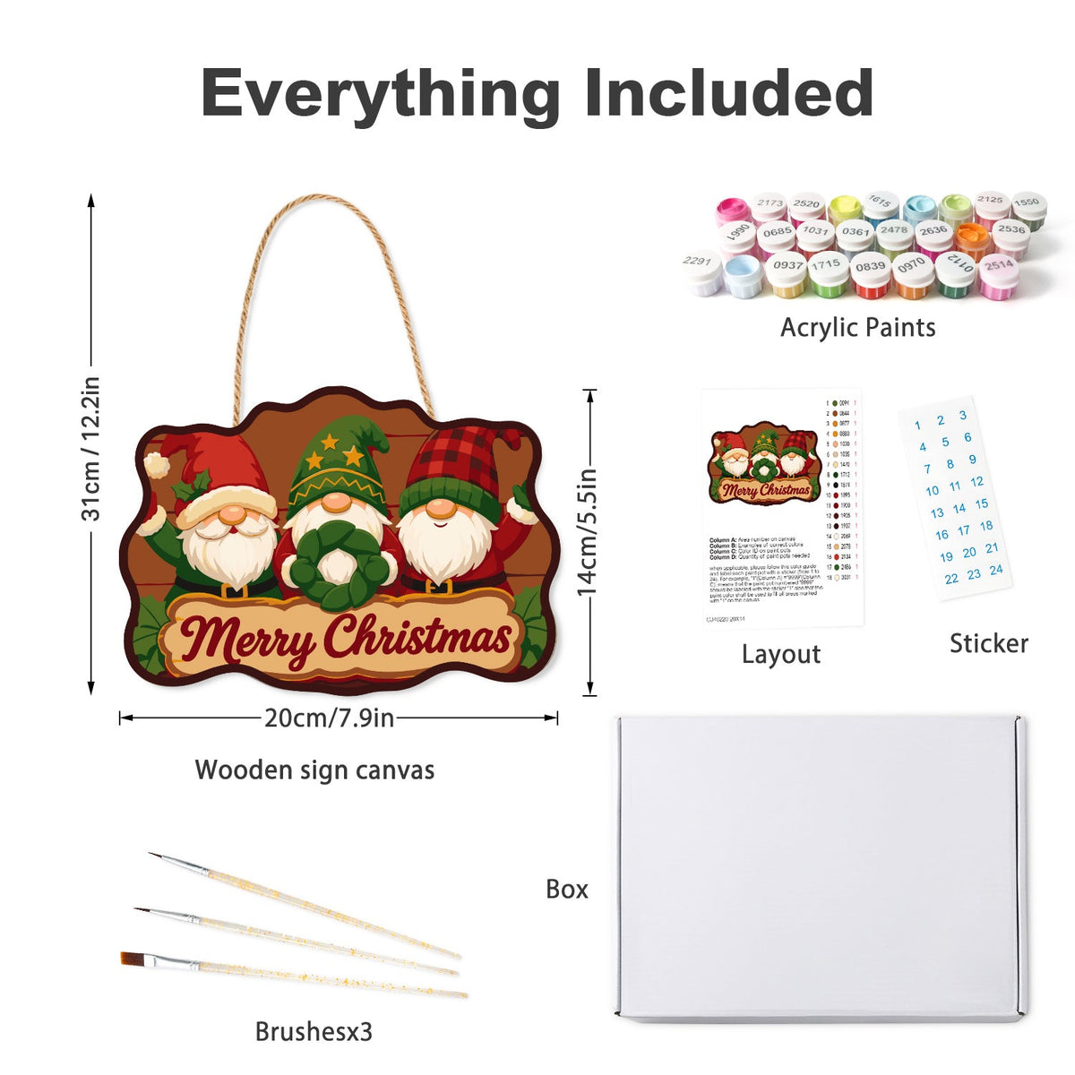 Wooden hanger kit with acrylic paints, three brushes, reference layout, stickers and box