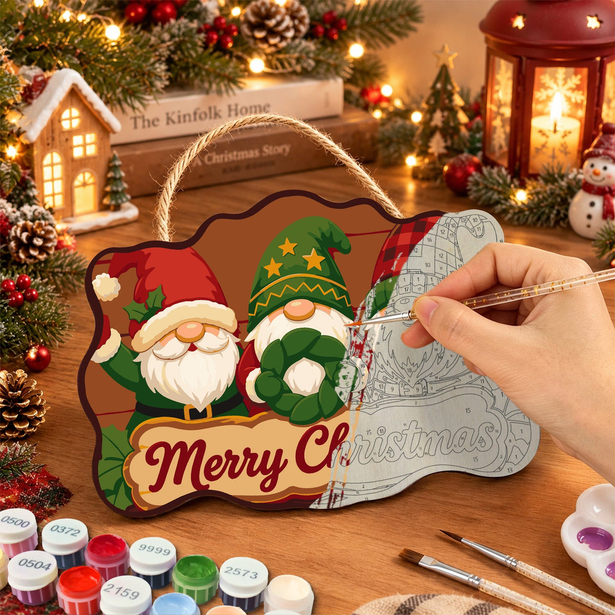Painting the wooden sign at a festive table