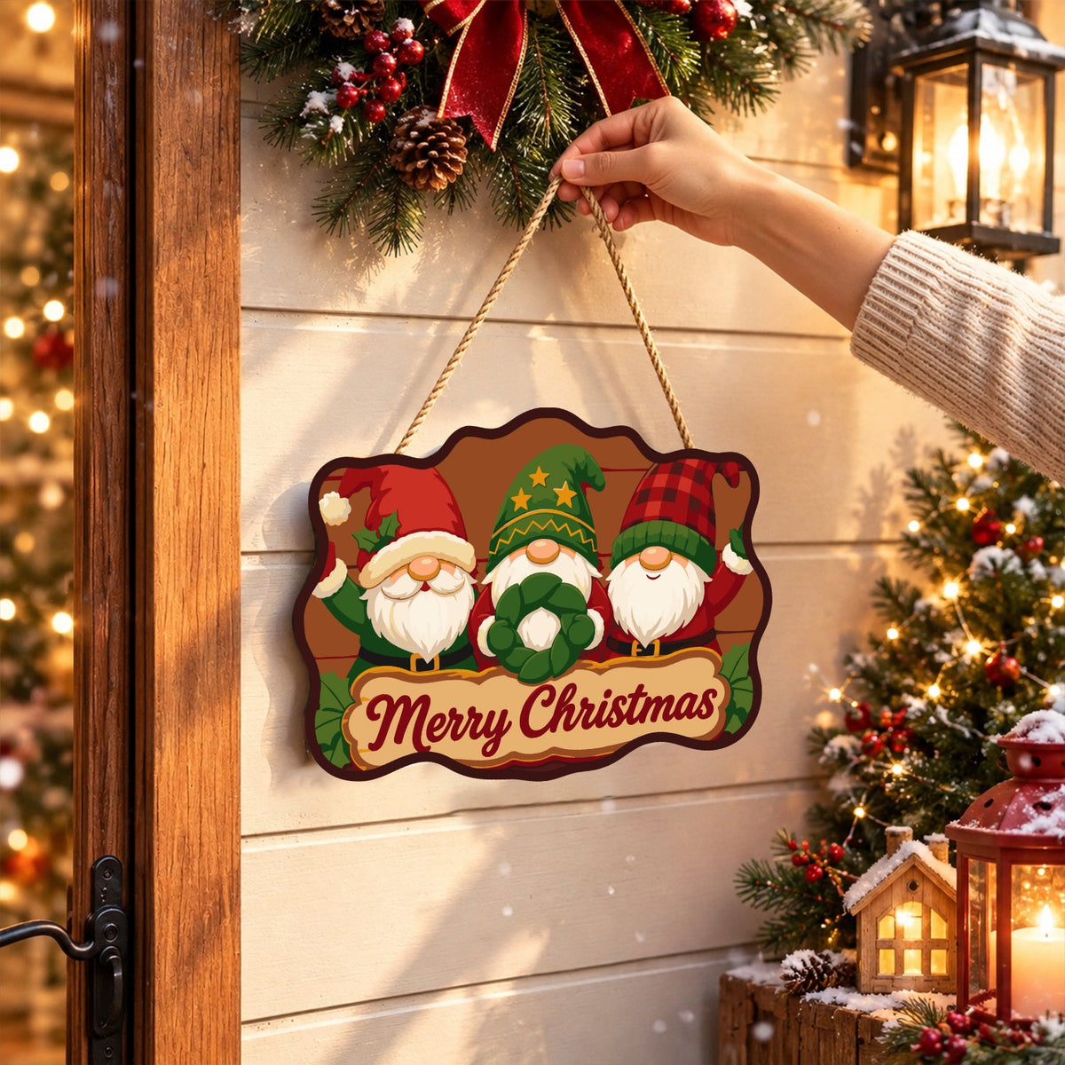 Completed wooden sign hanging by its cord indoors
