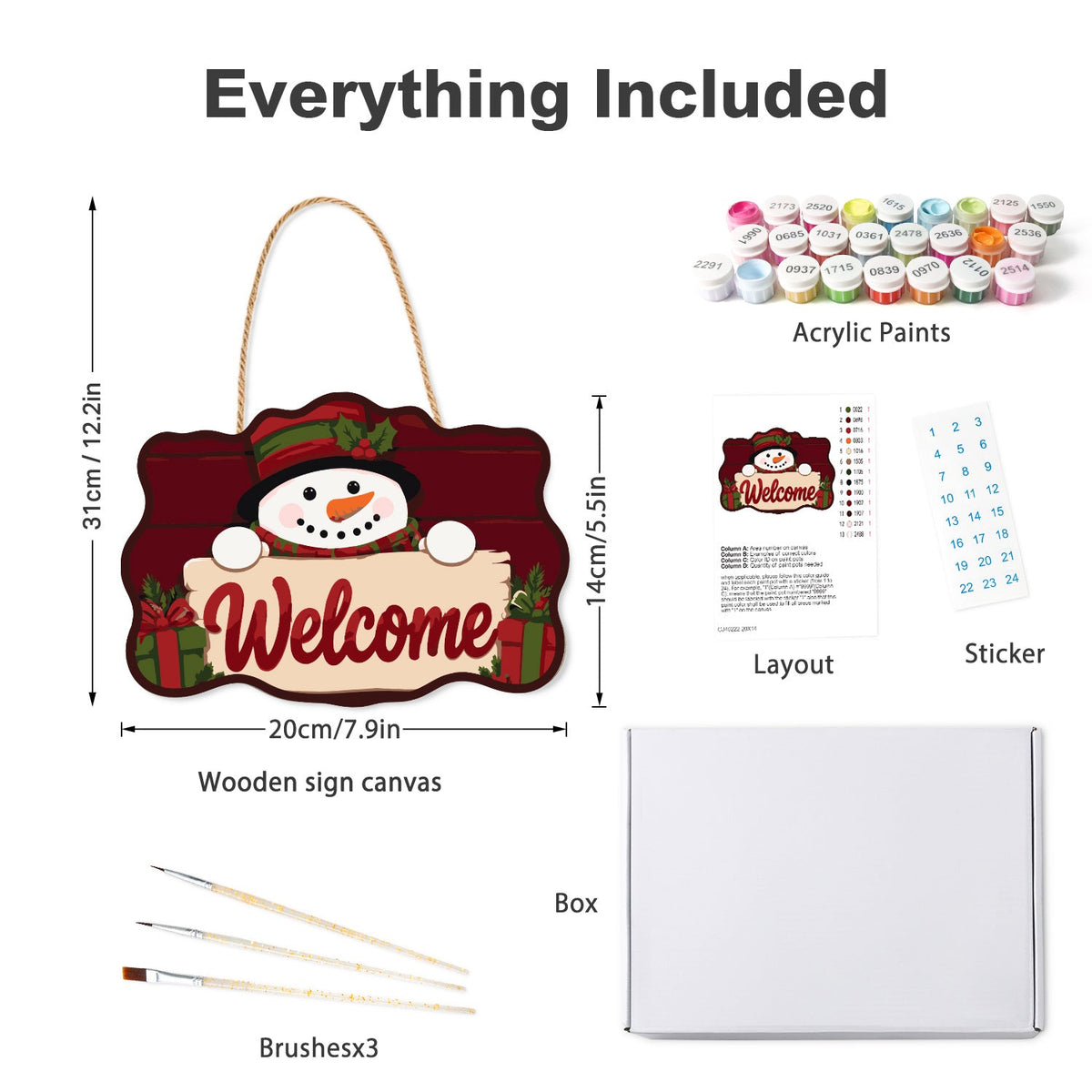 Wooden hanger kit with acrylic paints, three brushes, reference layout, stickers and box