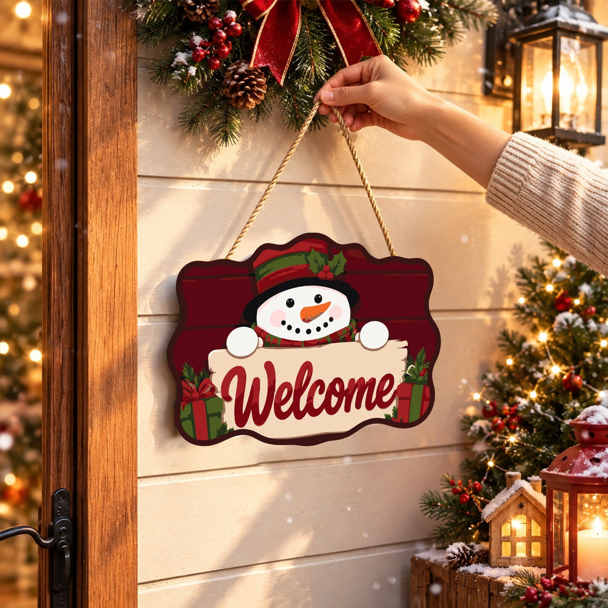 Completed wooden sign hanging by its cord indoors