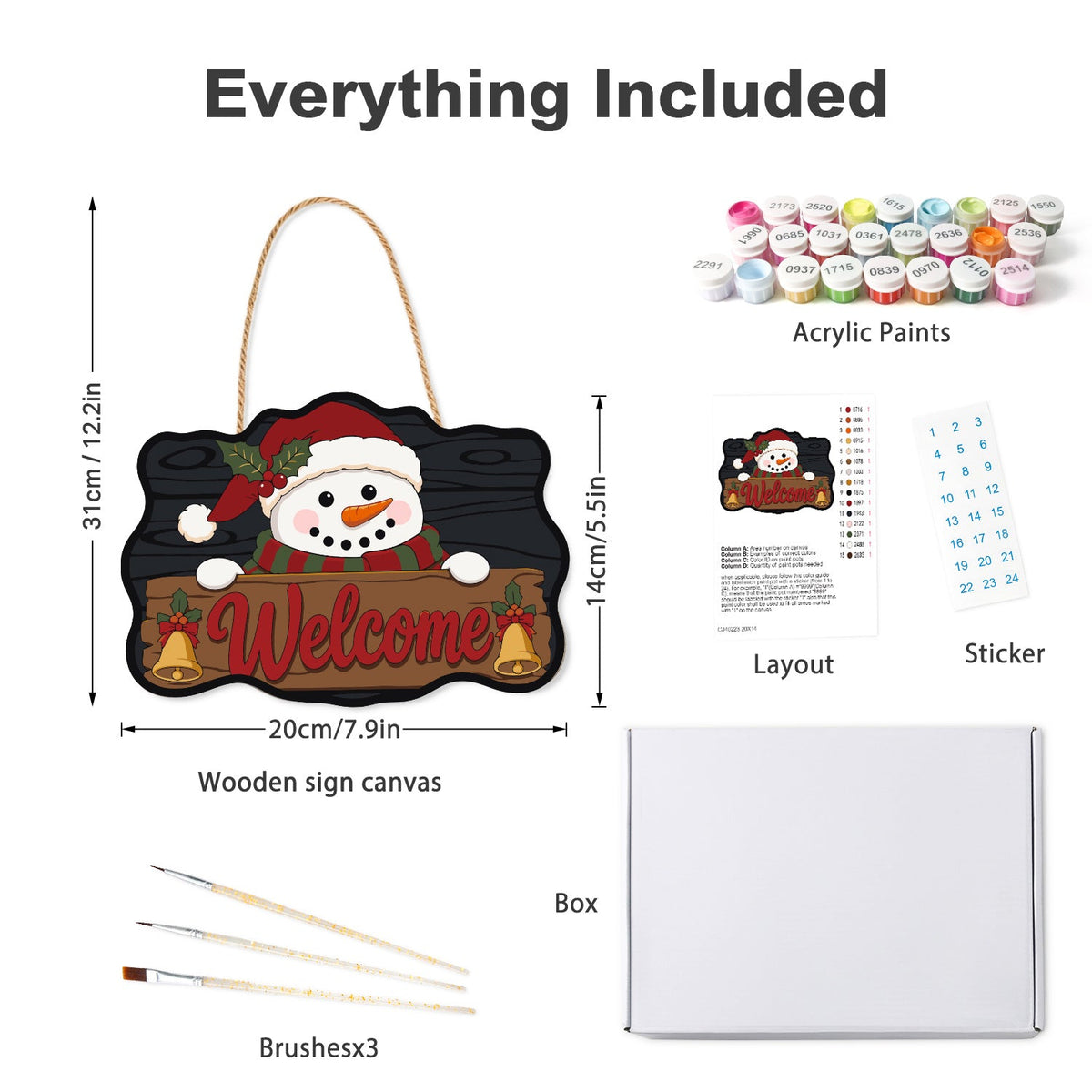 Wooden hanger kit with acrylic paints, three brushes, reference layout, stickers and box