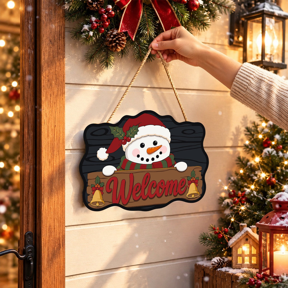 Completed wooden sign hanging by its cord indoors