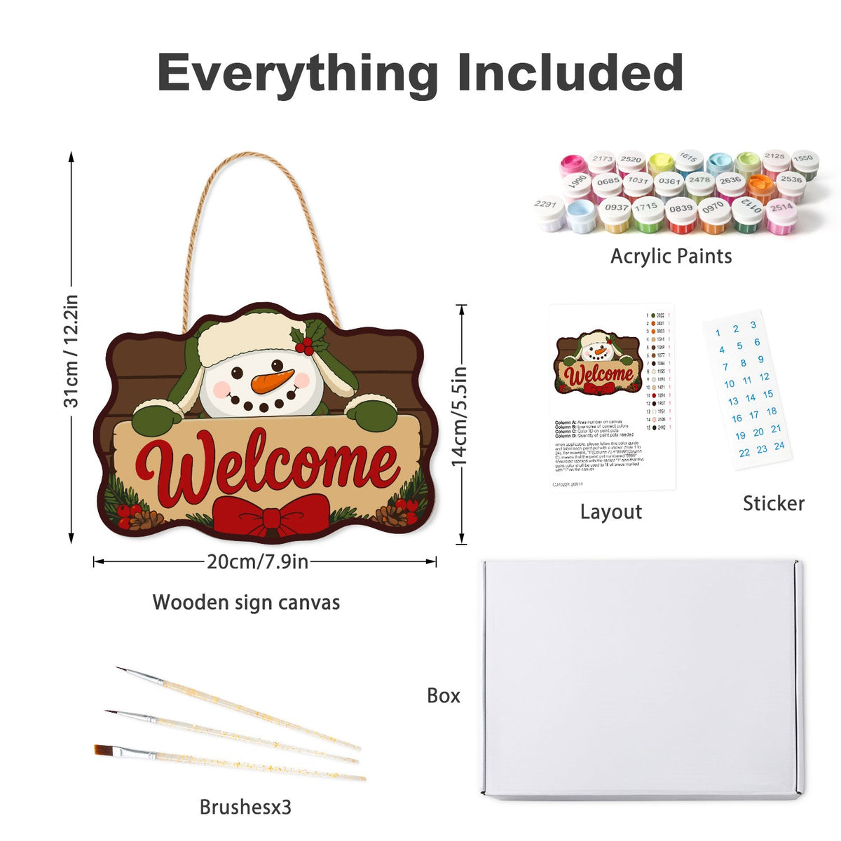 Wooden hanger kit with acrylic paints, three brushes, reference layout, stickers and box