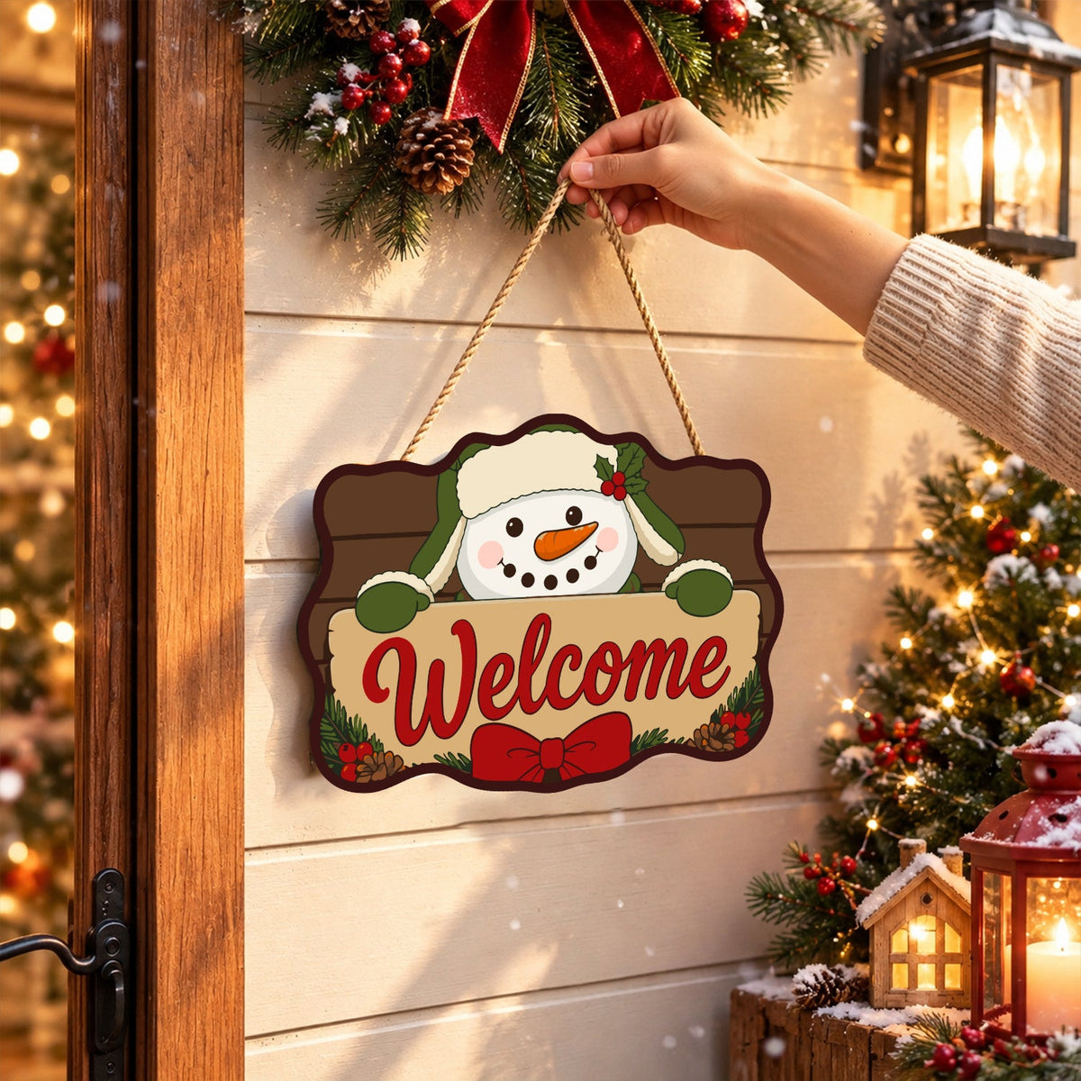 Completed wooden sign hanging by its cord indoors