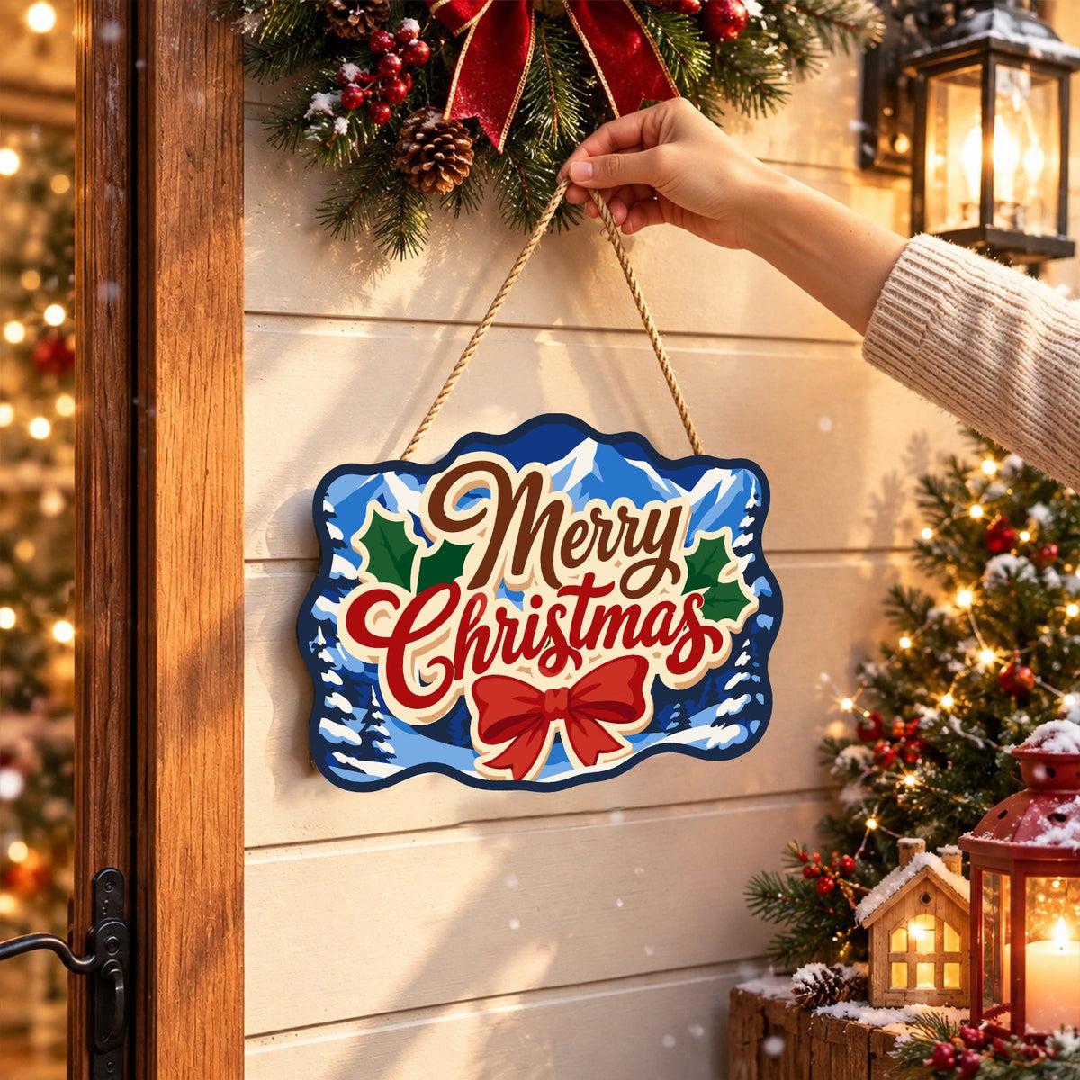 Completed wooden sign hanging by its cord indoors