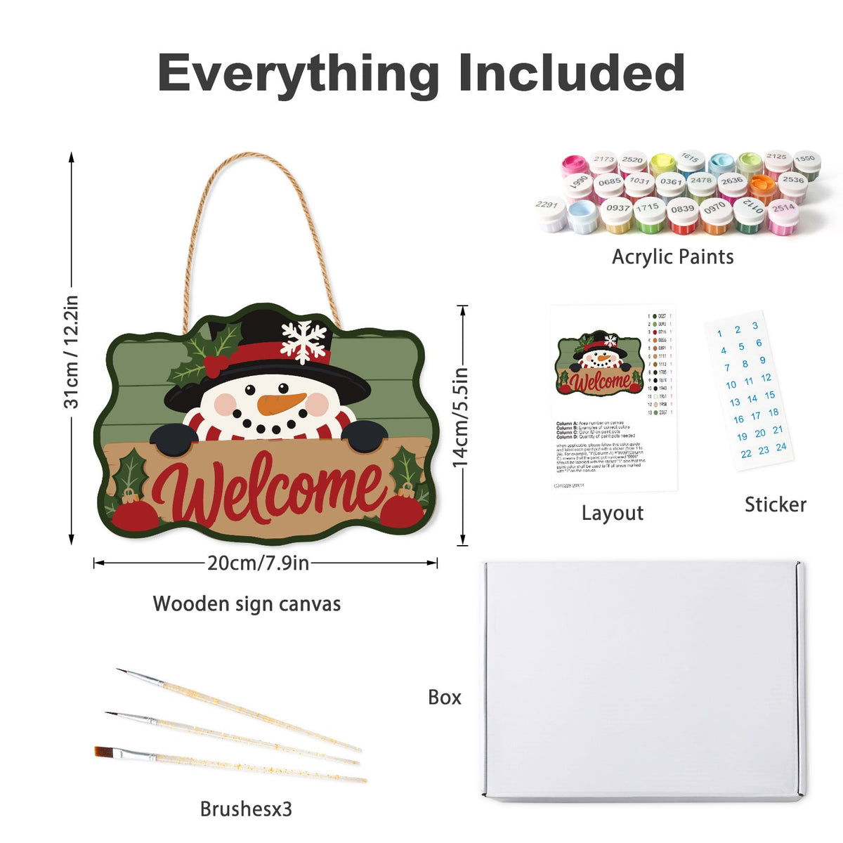 Wooden hanger kit with acrylic paints, three brushes, reference layout, stickers and box