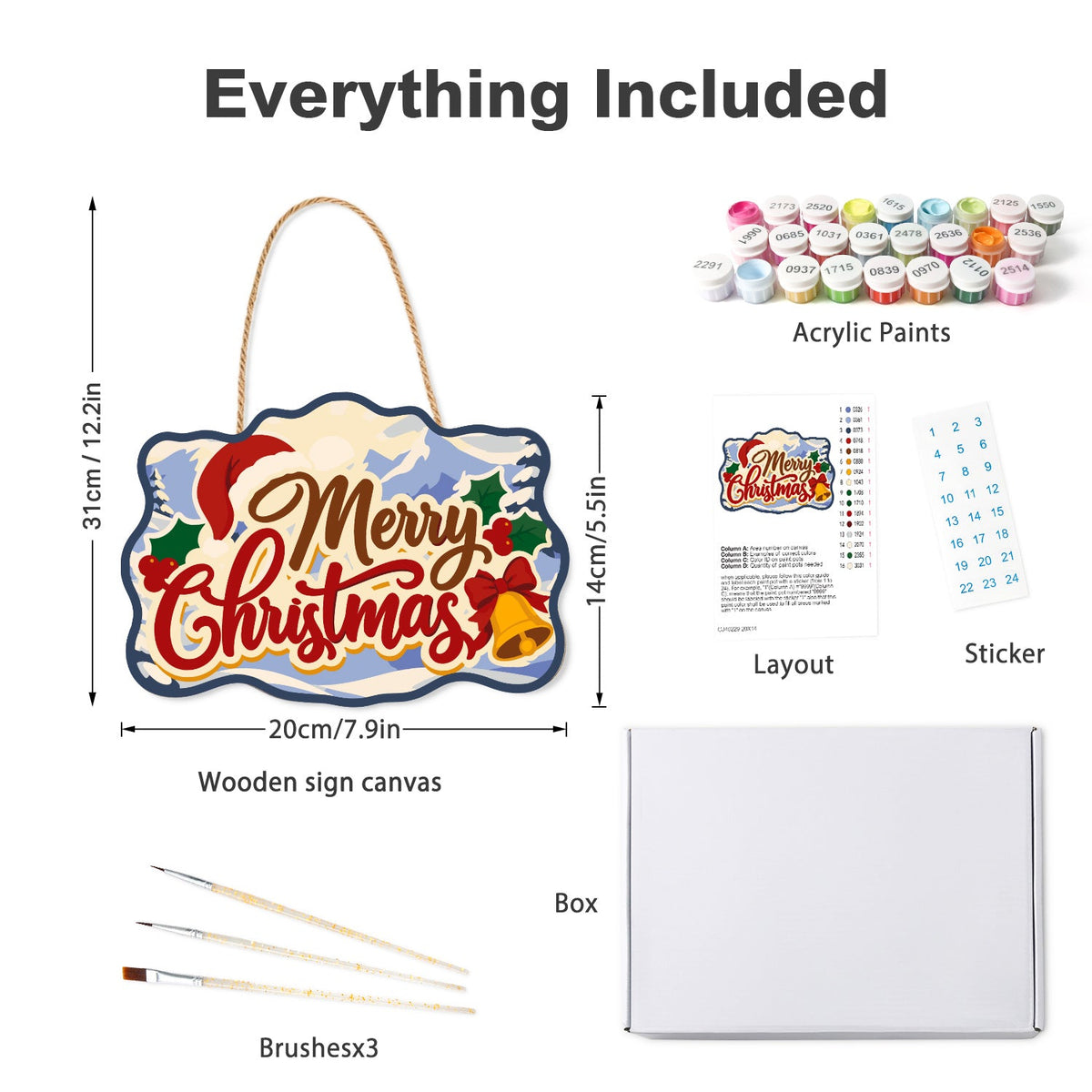 Wooden hanger kit with acrylic paints, three brushes, reference layout, stickers and box