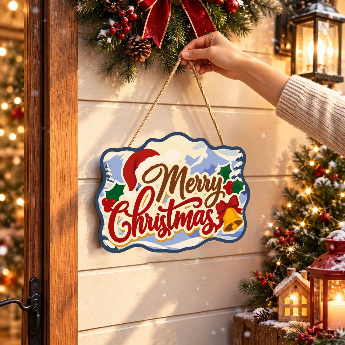 Completed wooden sign hanging by its cord indoors