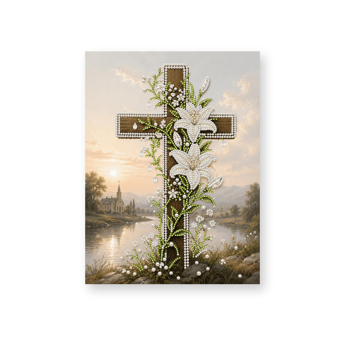 Wooden Cross with White Lilies Beside a River