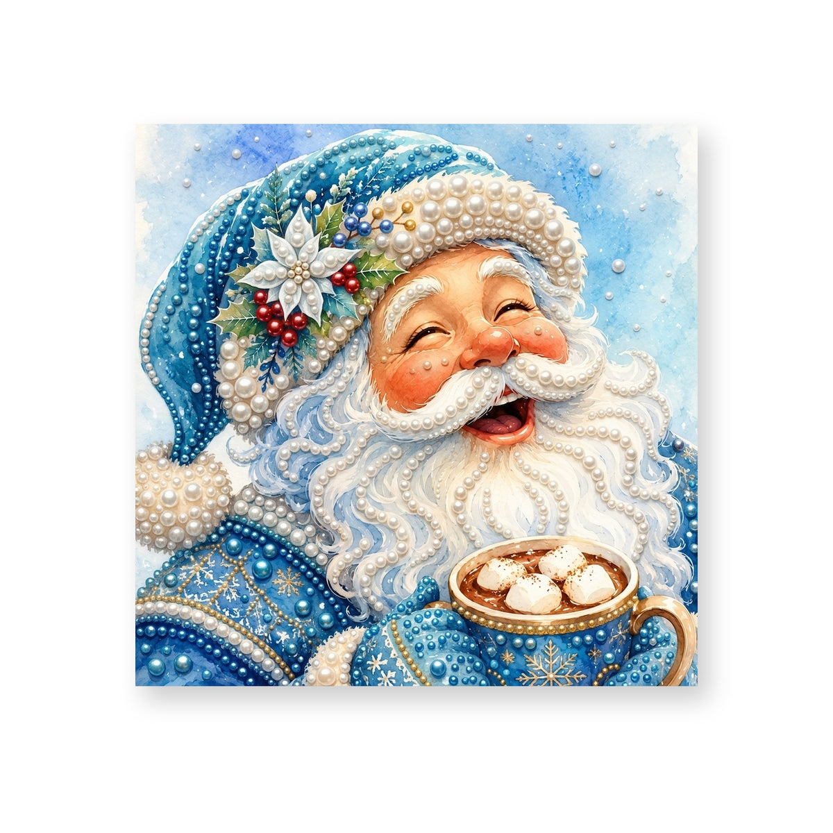 Laughing Santa with a Blue Cocoa Mug