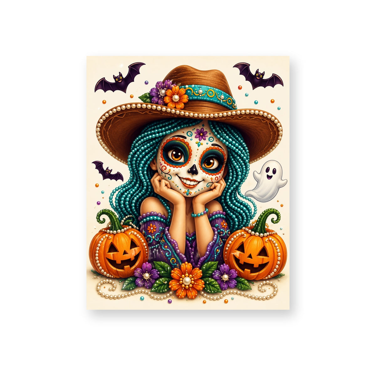 Teal-Haired Sugar Skull Girl with Pumpkins