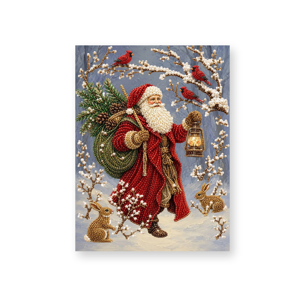 Woodland Santa with a Lantern and Rabbits