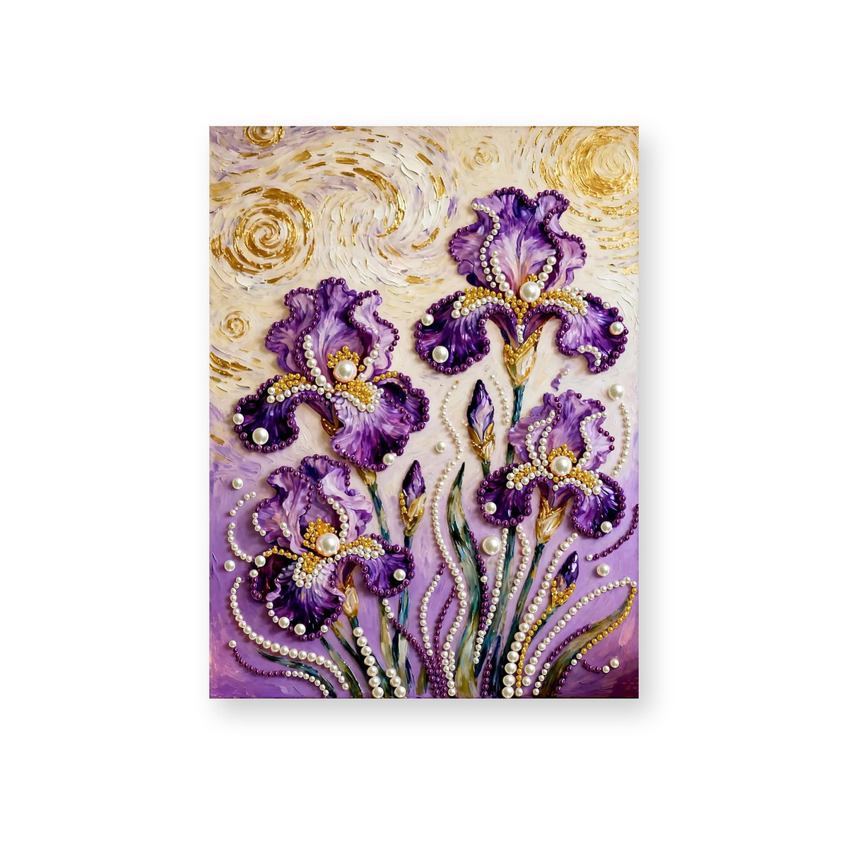 Purple Irises Beneath a Swirling Golden Sky