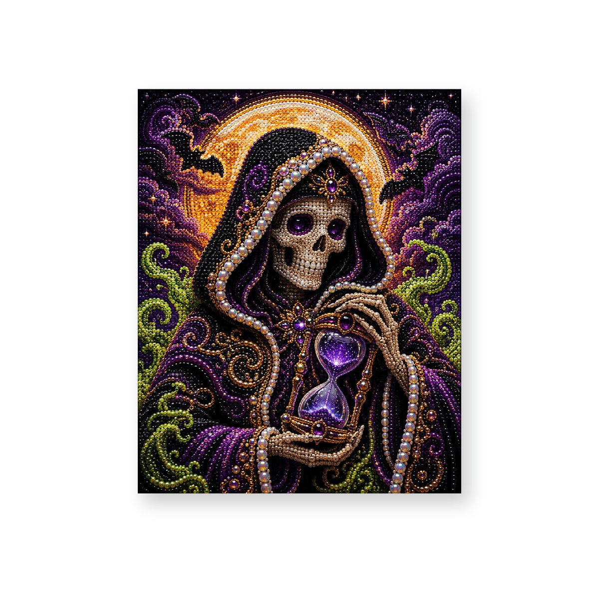 Hooded Skeleton Holding a Purple Hourglass