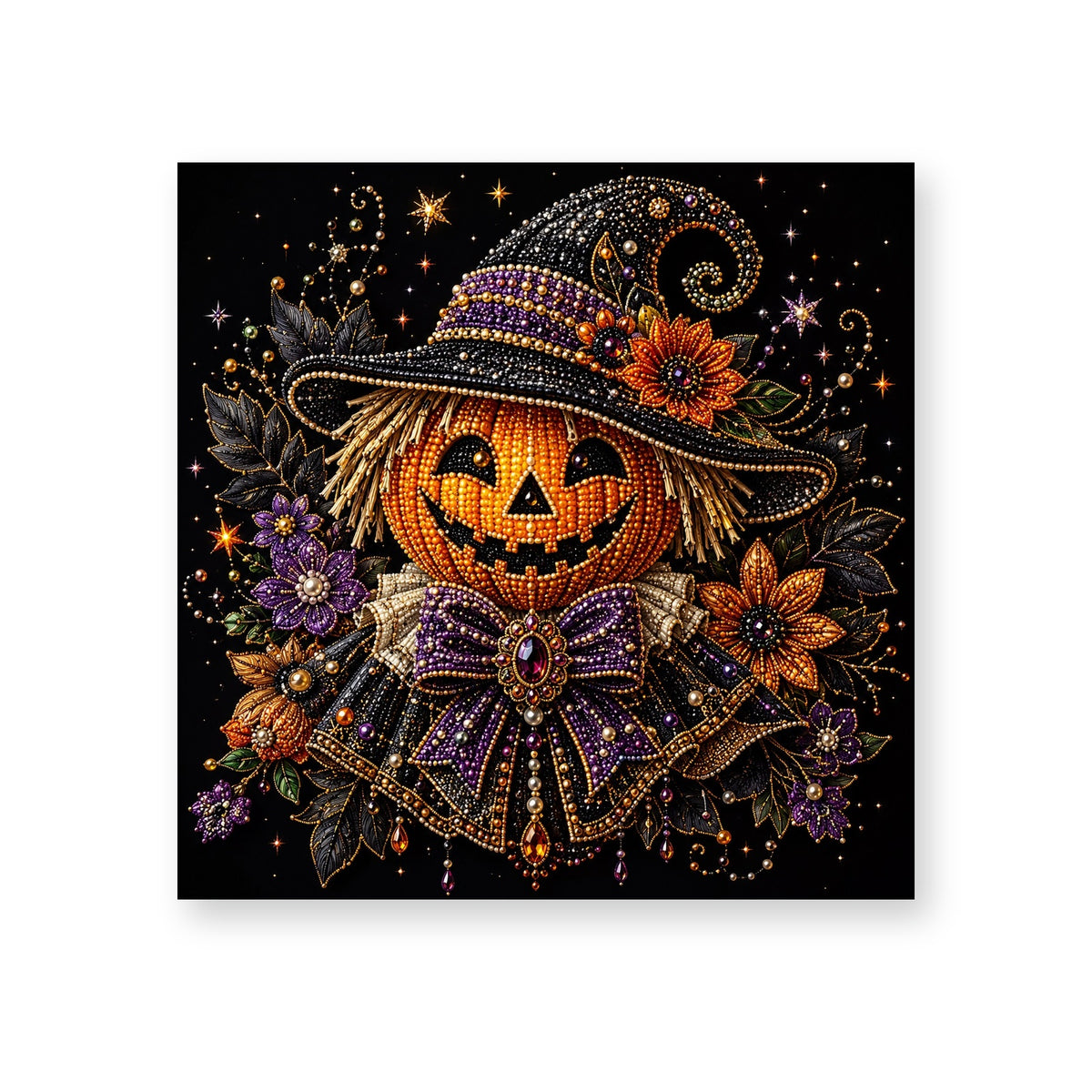 Pumpkin Witch in an Ornate Hat and Floral Collar