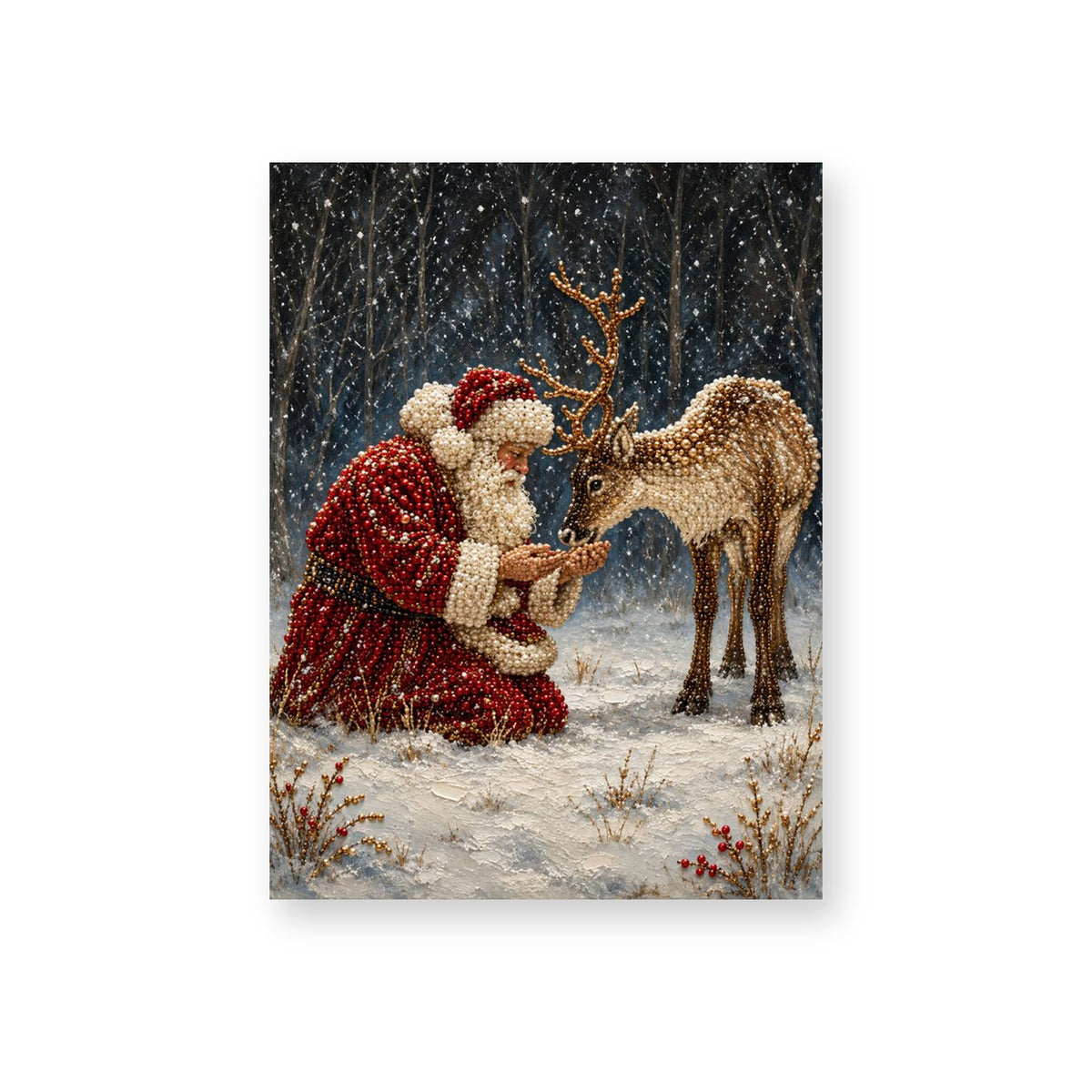 Santa Feeding a Reindeer in the Snowy Forest