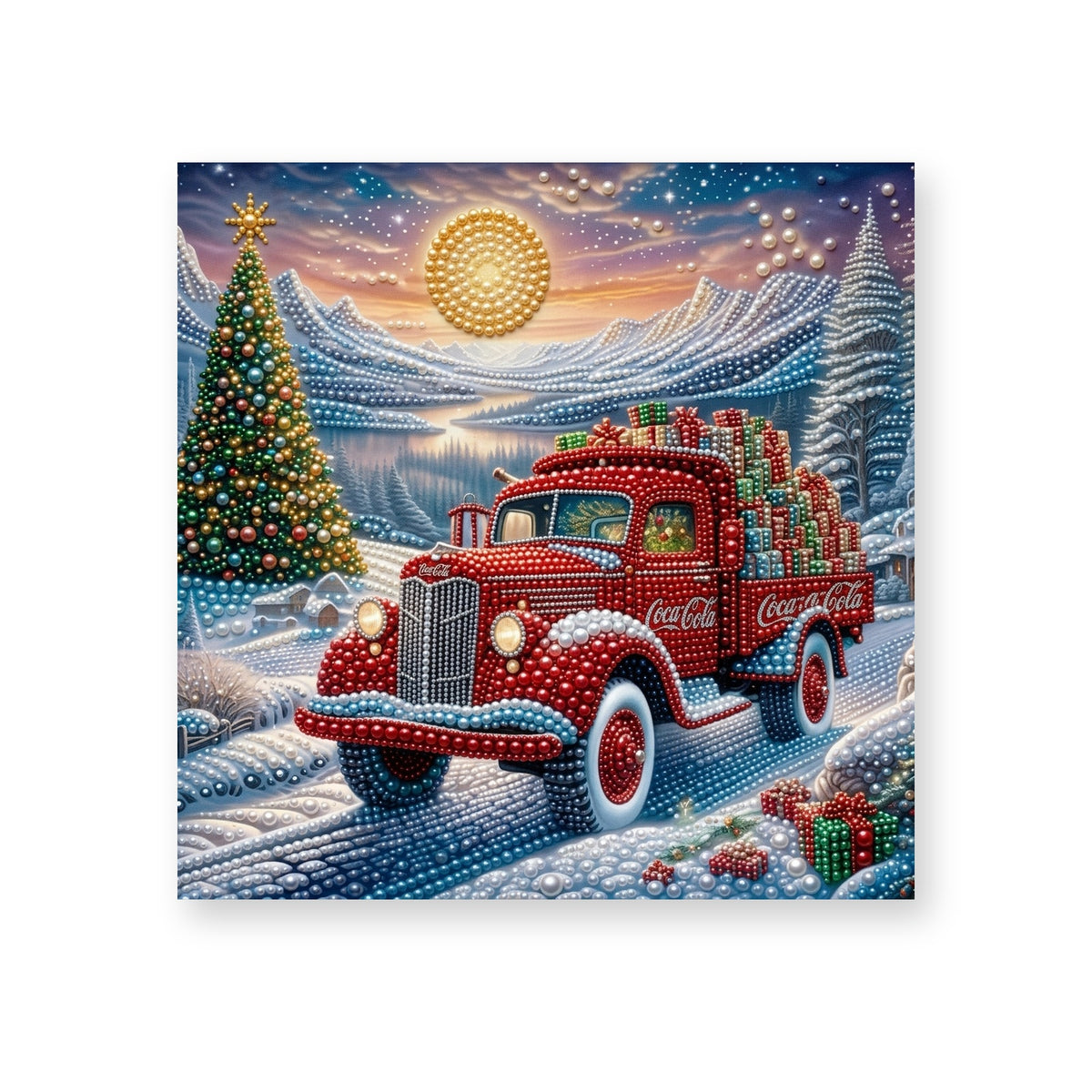 Red Christmas Truck beside a Mountain Lake