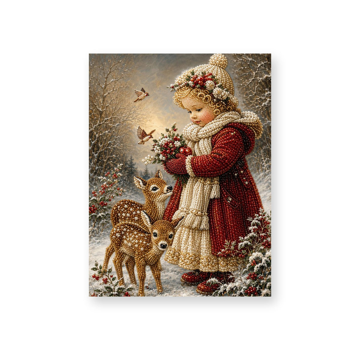 Winter Girl with Fawns and Holly