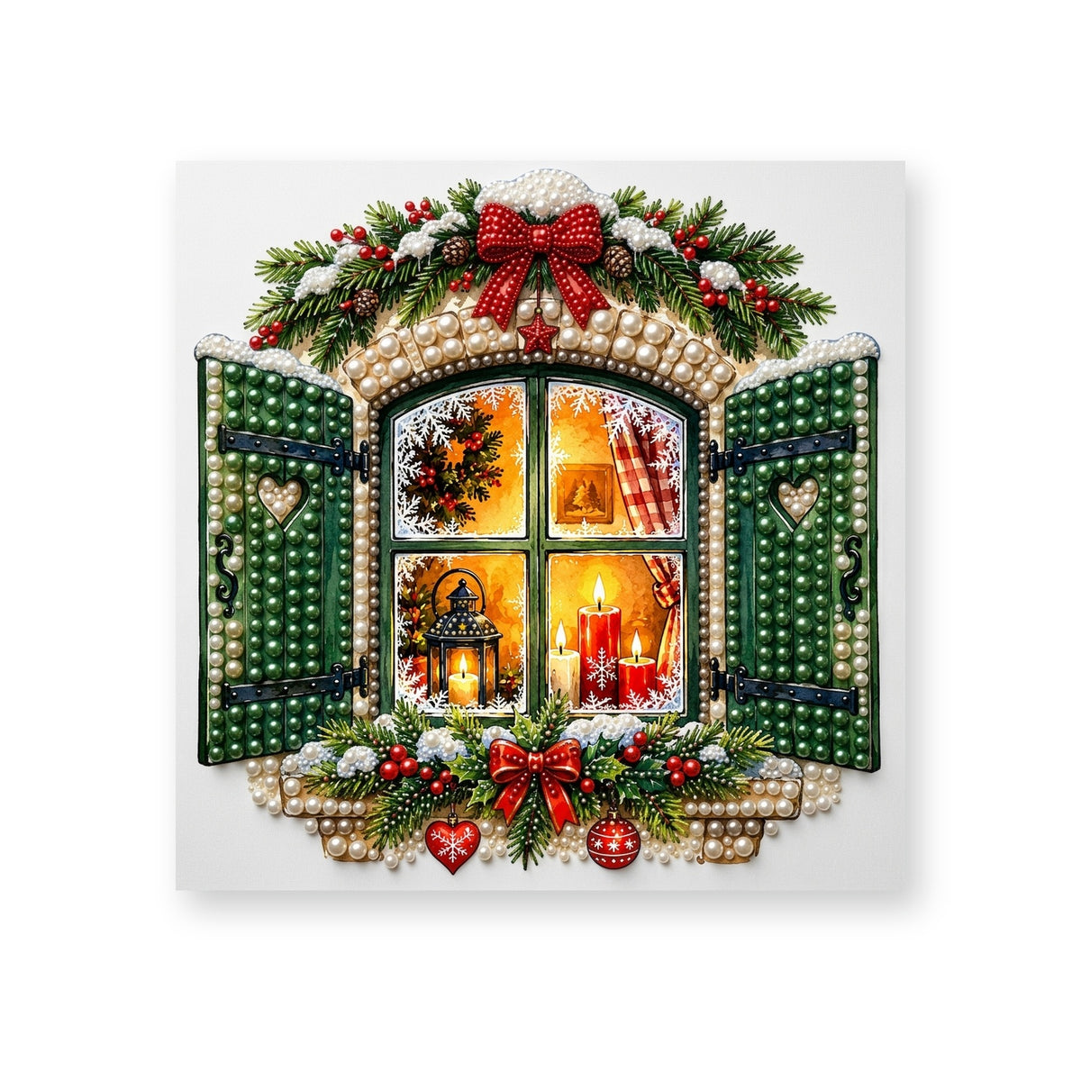 Candlelit Christmas Window with Green Shutters