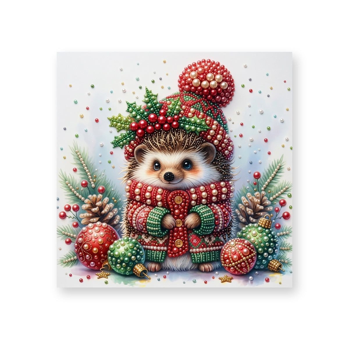 Christmas Hedgehog among Colorful Baubles