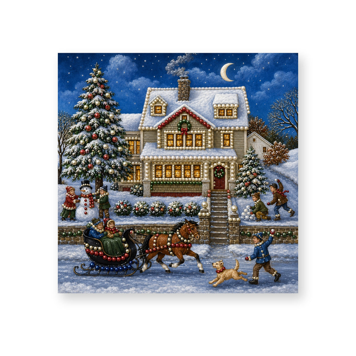 Horse-Drawn Sleigh Outside a Snowy Christmas House