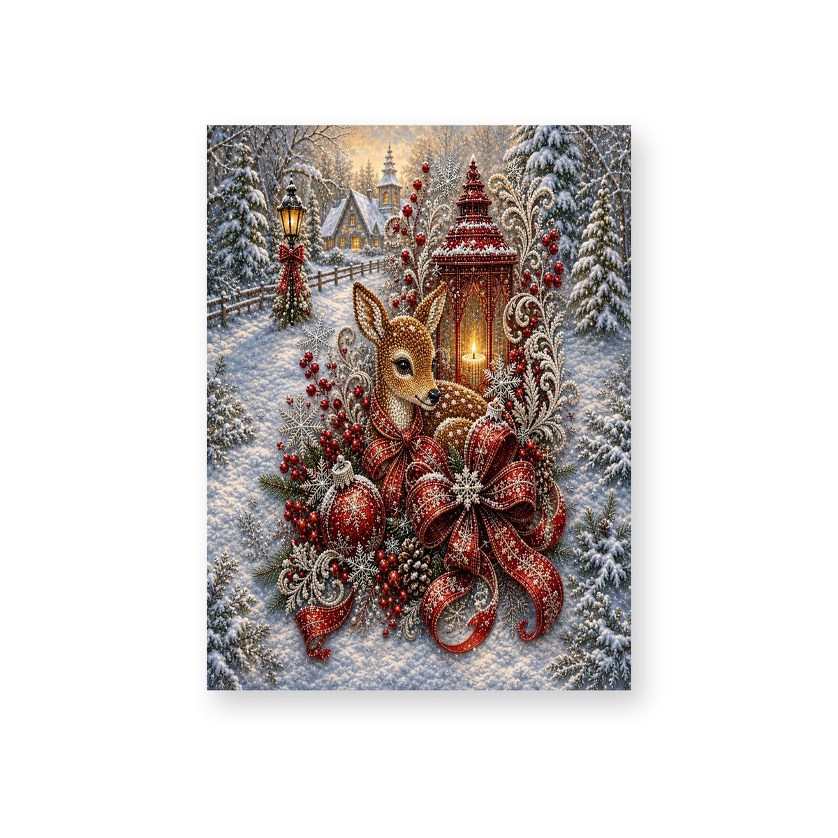 Winter Fawn Beside a Red Christmas Lantern