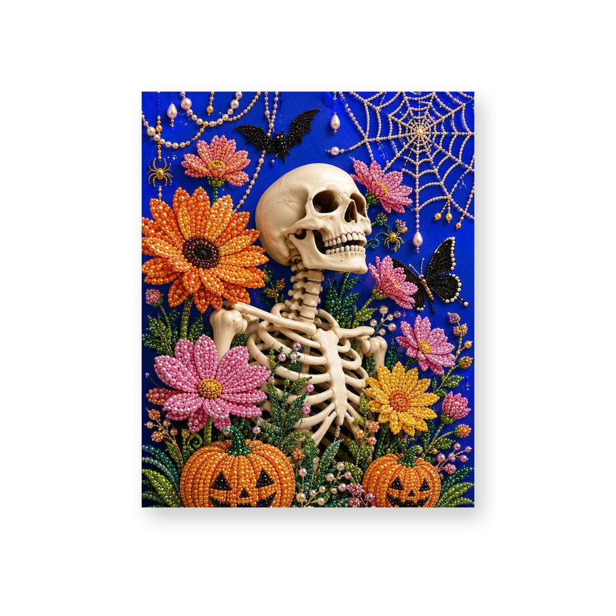 Floral Skeleton among Bats and Pumpkins