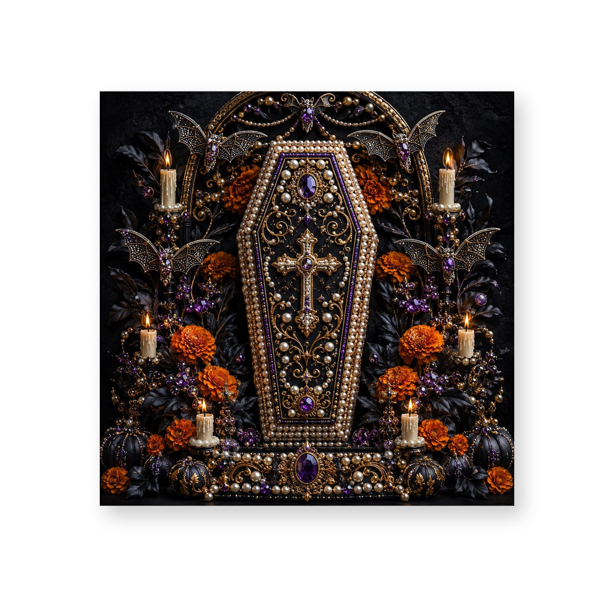 Ornate Gothic Coffin Among Candles and Roses