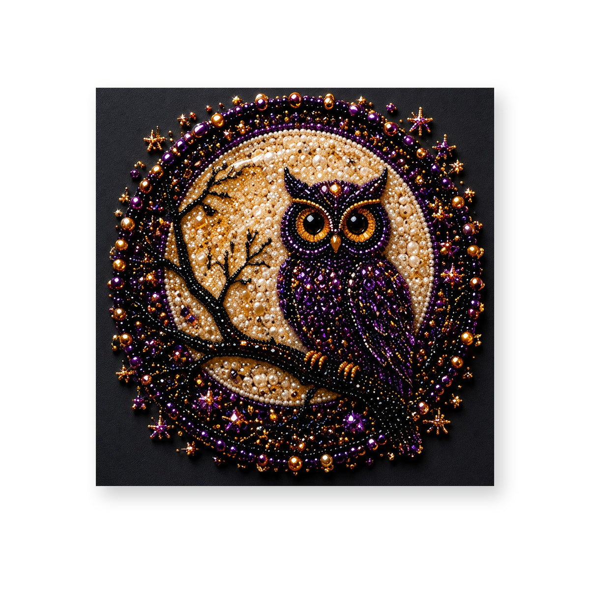 Purple Owl in a Golden Moon Medallion