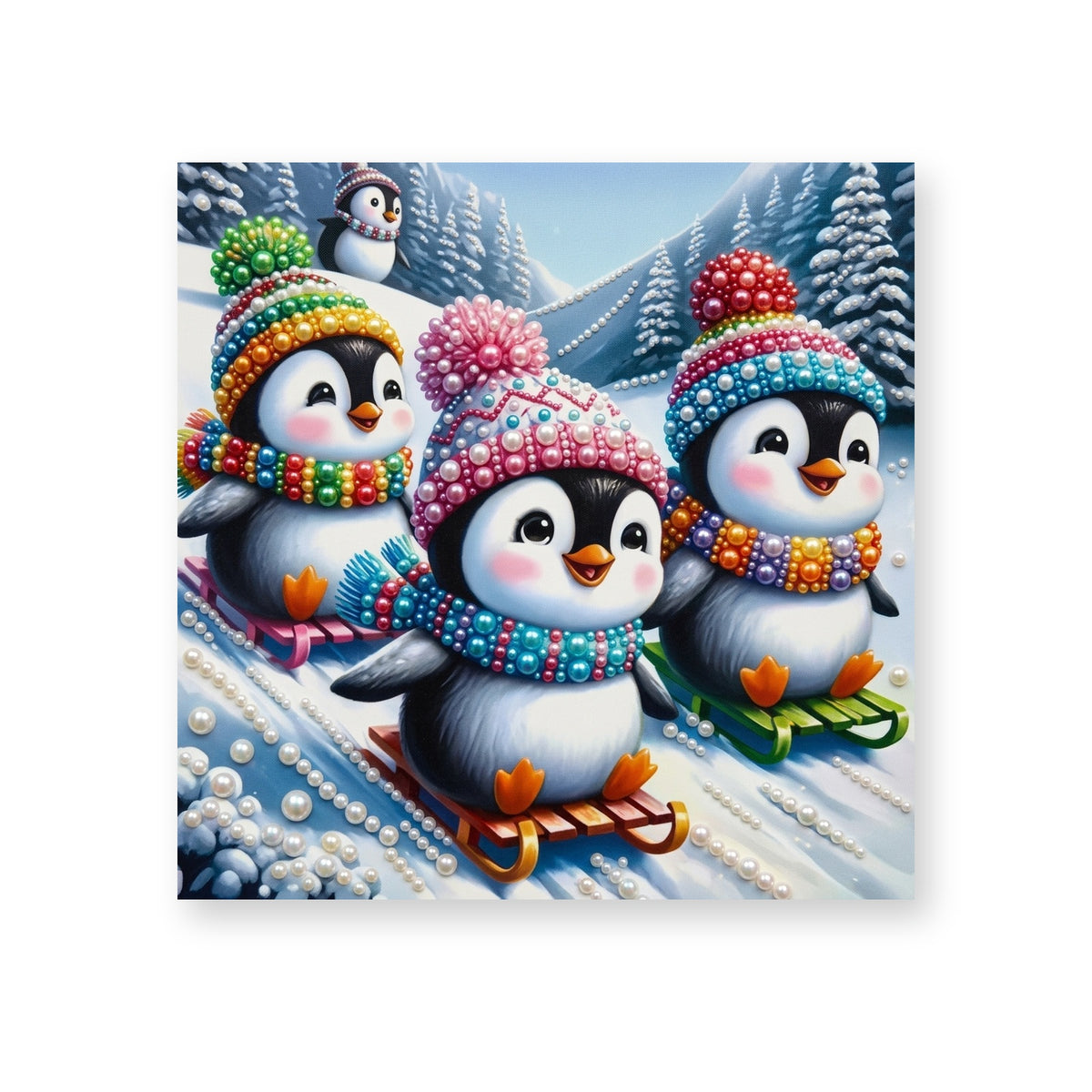 Penguins Sledding Down a Snowy Mountain