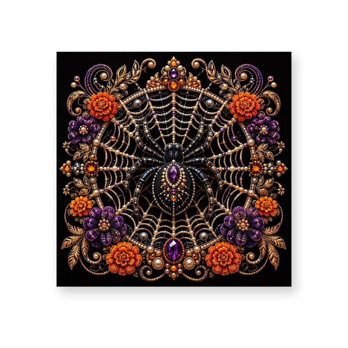 Jeweled Spiderweb with Purple and Orange Flowers